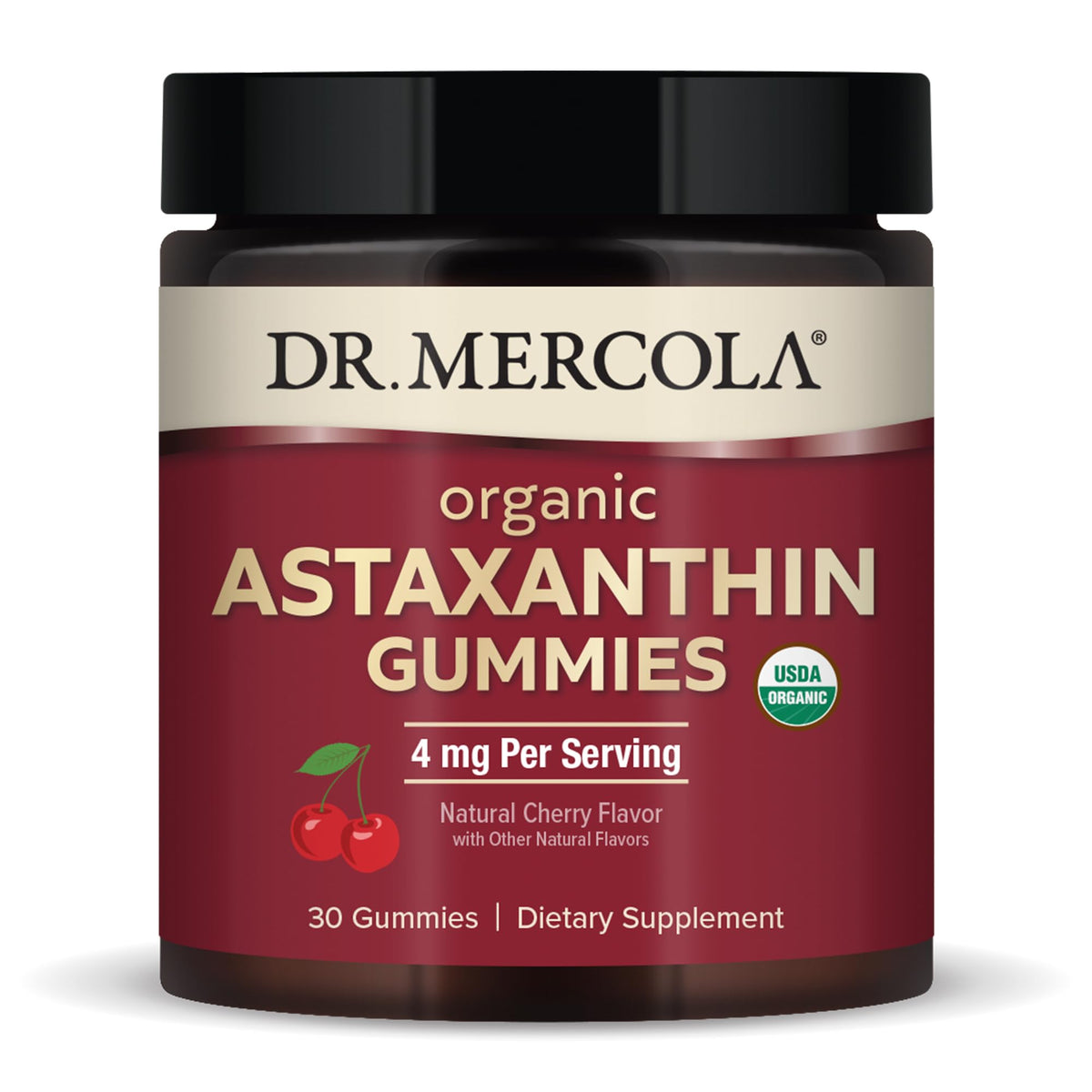 Front view of Dr. Mercola Organic Astaxanthin Gummies bottle (cherry flavor)