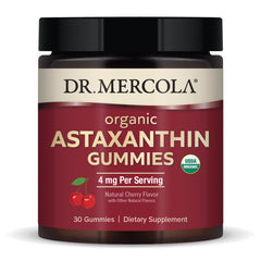 Front view of Dr. Mercola Organic Astaxanthin Gummies bottle (cherry flavor)