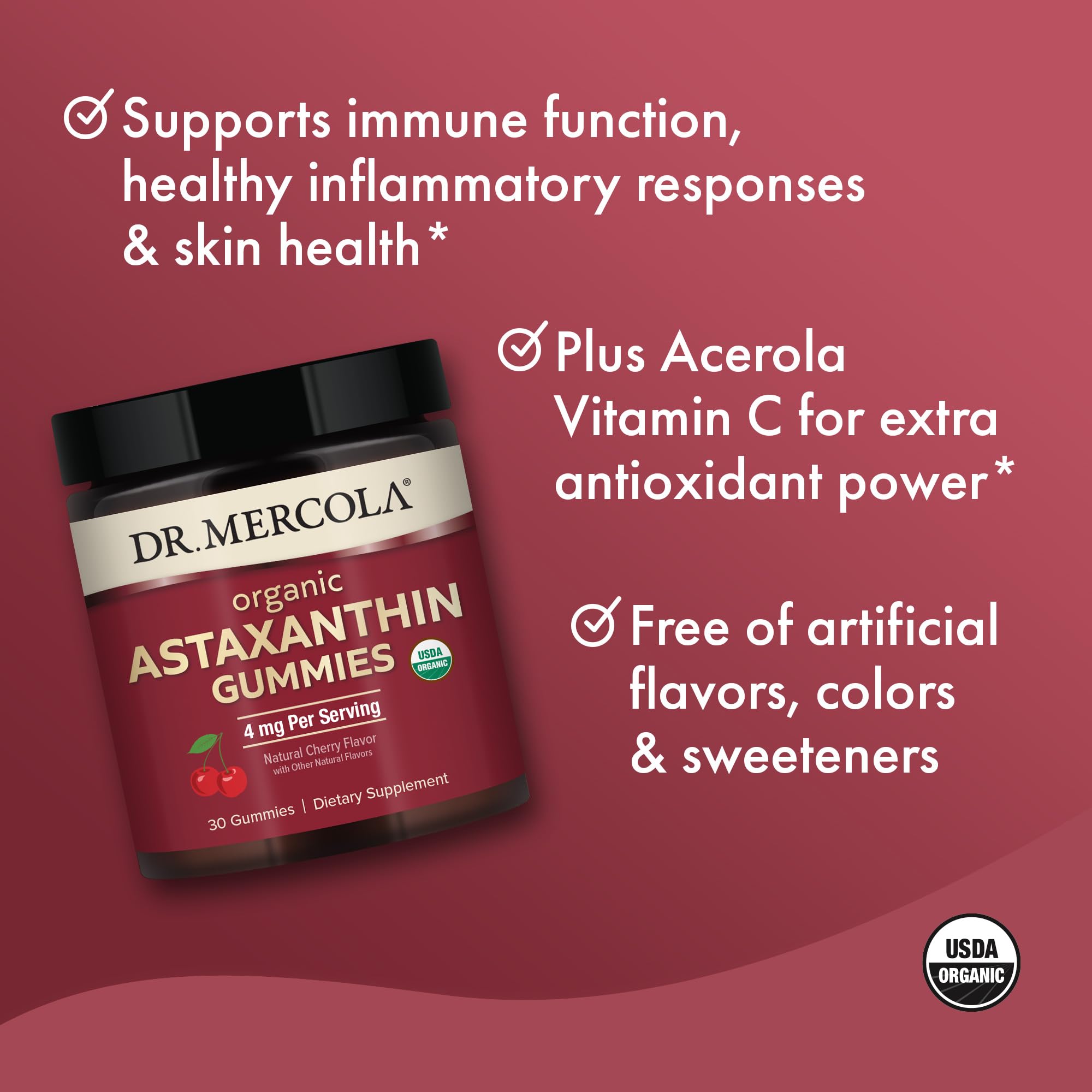 Cherry-flavored gummy showing 4 mg astaxanthin content