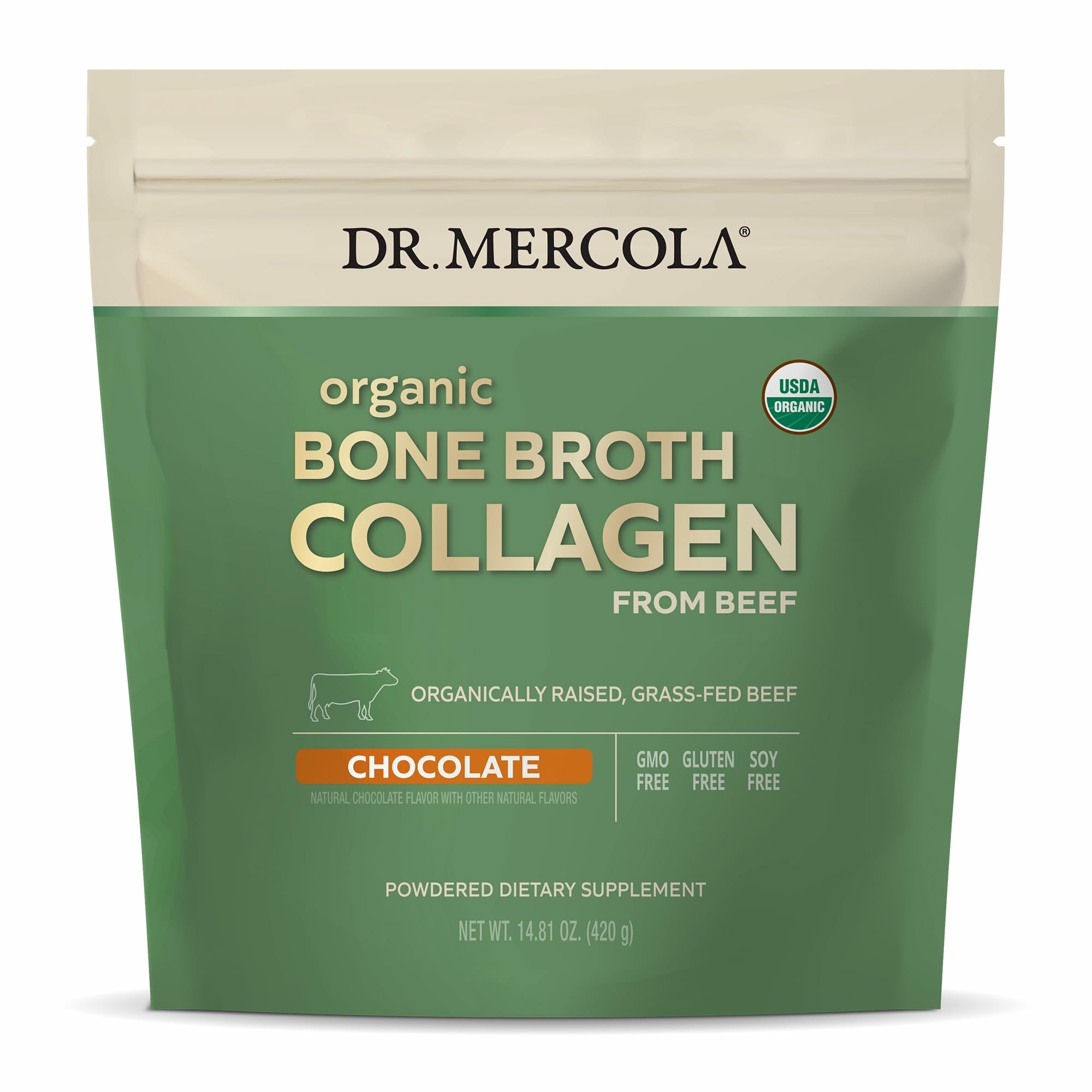 Front view of Dr. Mercola Organic Bone Broth Collagen Powder