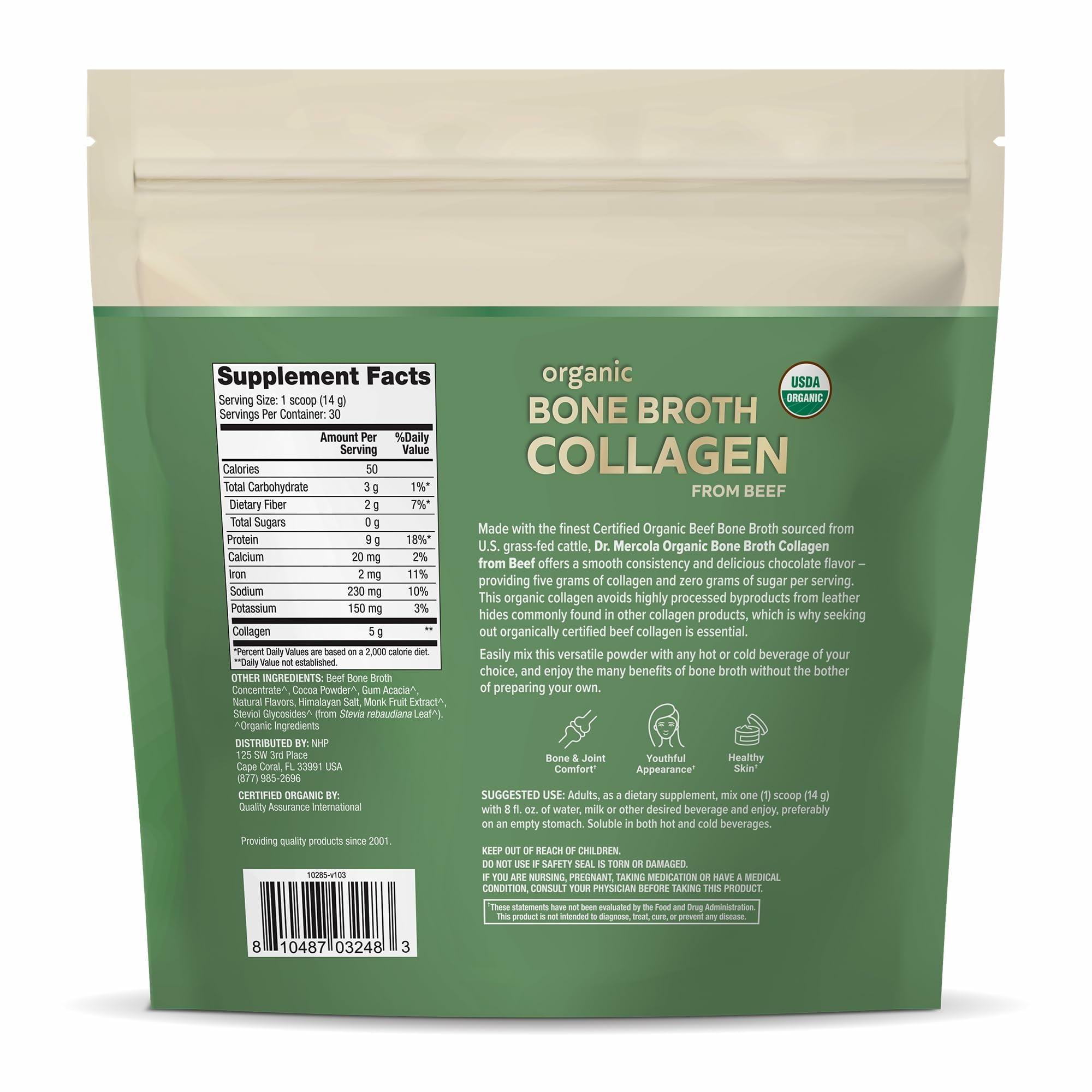 Packaging of Dr. Mercola Organic Bone Broth Collagen Powder