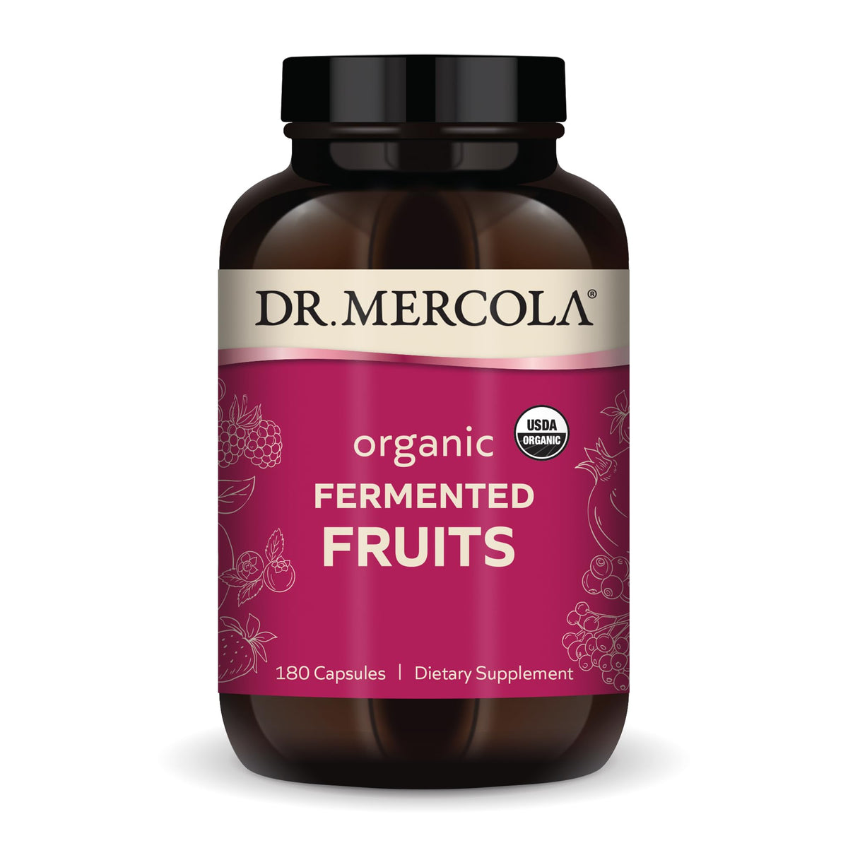 Bottle of Dr. Mercola Organic Fermented Fruits capsules
