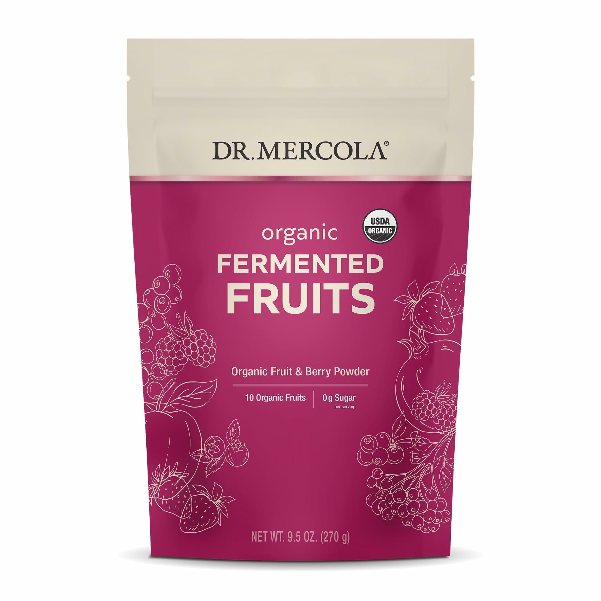 Front of Dr. Mercola Organic Fermented Fruits container showing 9.5 oz (270 g) and 90 servings