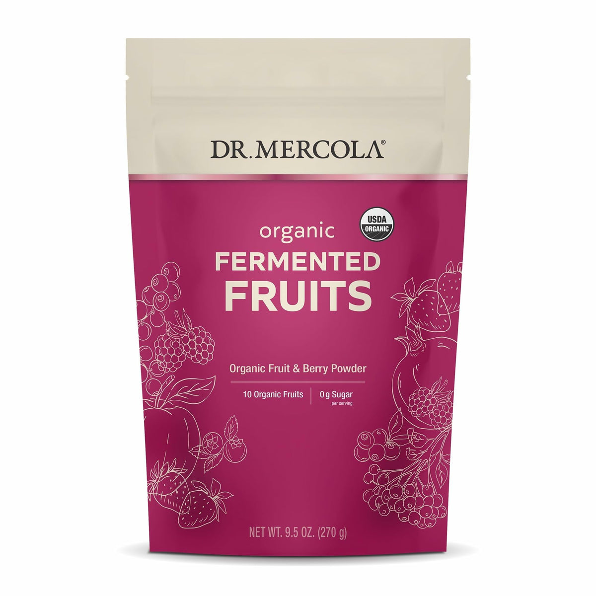 Front of Dr. Mercola Organic Fermented Fruits container showing 9.5 oz (270 g) and 90 servings