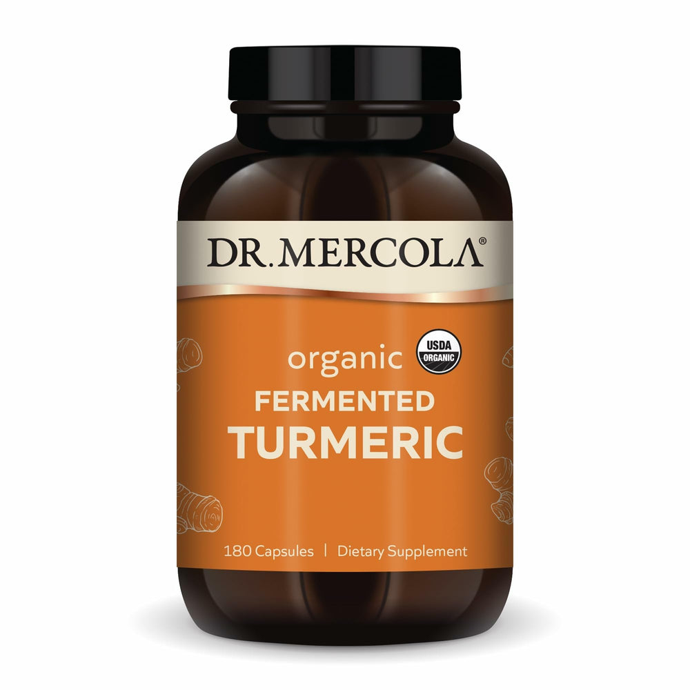 Dr. Mercola Organic Fermented Turmeric bottle front, highlighting high-bioavailability curcuminoids.