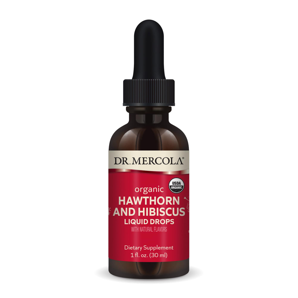 Bottle of Dr. Mercola Organic Hawthorn and Hibiscus Liquid Drops with 30 servings