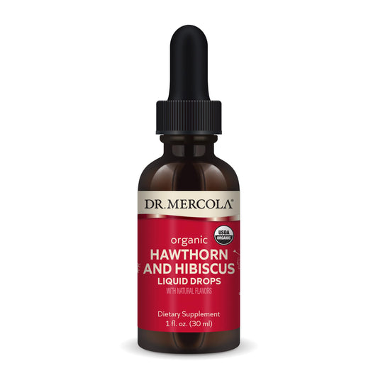 Bottle of Dr. Mercola Organic Hawthorn and Hibiscus Liquid Drops with 30 servings