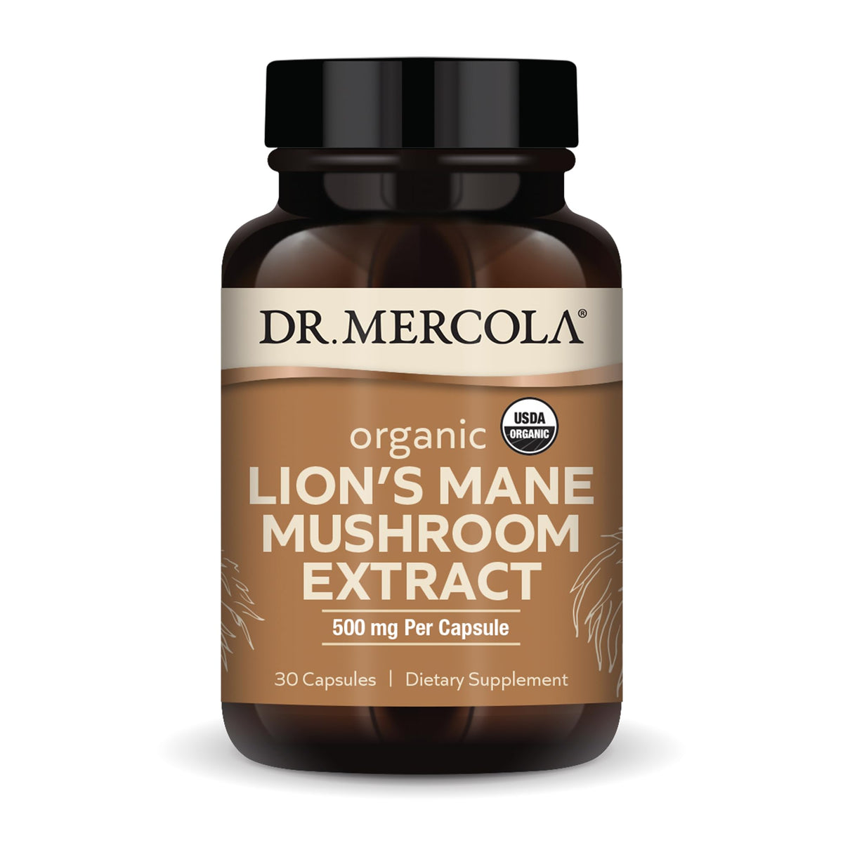 Bottle of Dr. Mercola Organic Lion’s Mane Mushroom Extract, 30 capsules