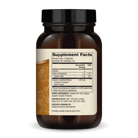 Gelatinized maca capsules inside a bottle