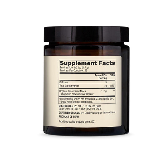 Ingredients: Organic Maca Powder Gelatinized with Non-GMO, Soy Free, Gluten Free certifications
