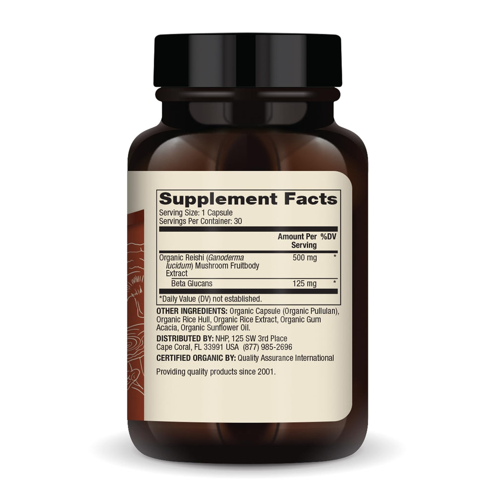 Supplement facts showing 500 mg Mushroom Fruitbody Extract per capsule