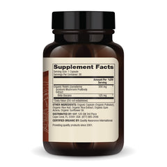 Supplement facts showing 500 mg Mushroom Fruitbody Extract per capsule