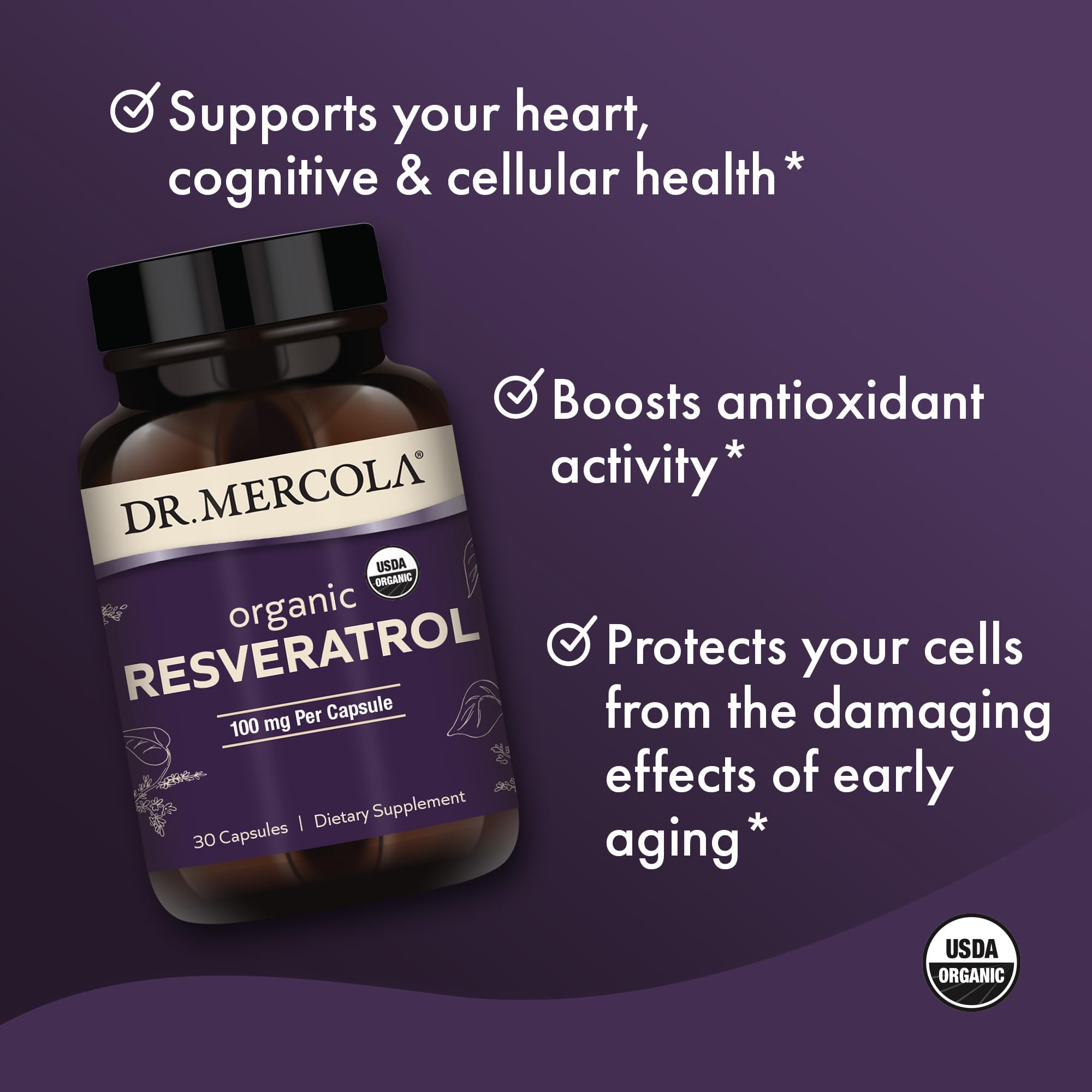 Close-up of 100 mg Trans-Resveratrol capsules