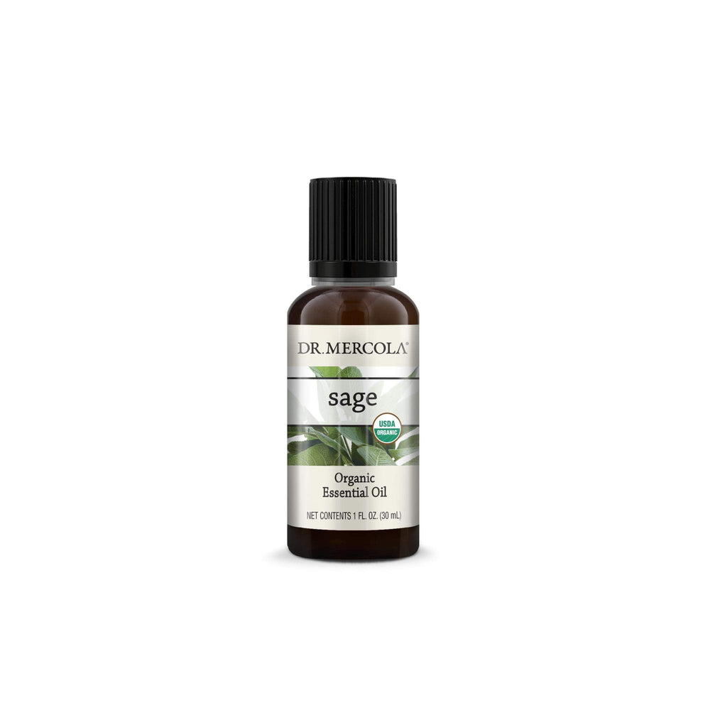 Dr. Mercola Organic Sage Essential Oil 1oz bottle for mood-supporting diffusion and refreshing aroma.