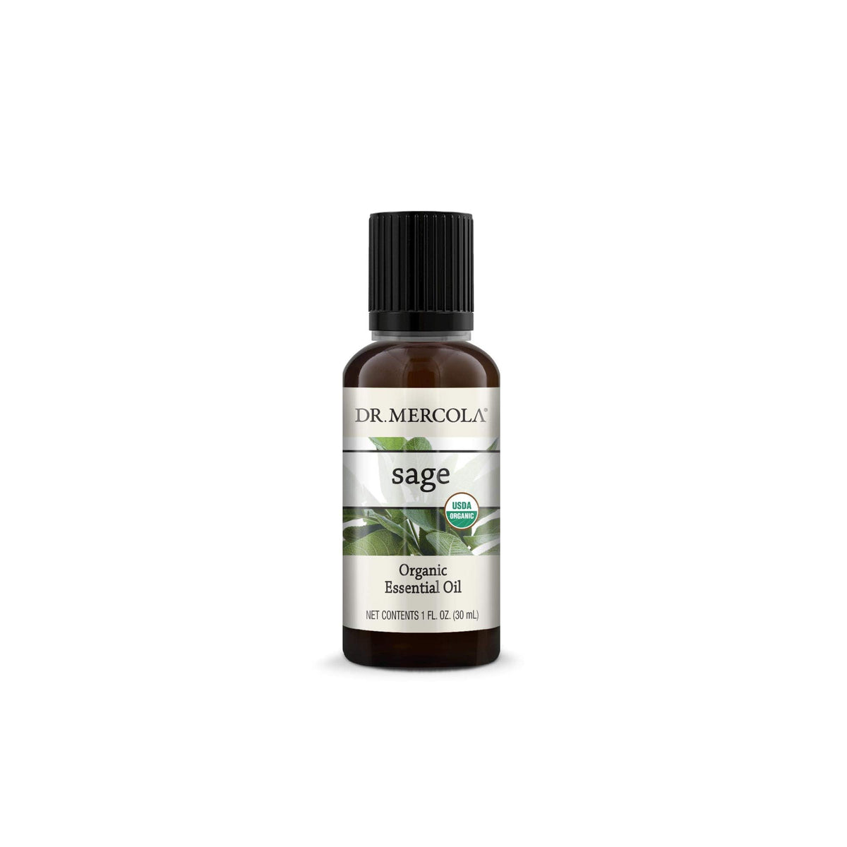 Dr. Mercola Organic Sage Essential Oil 1oz bottle for mood-supporting diffusion and refreshing aroma.