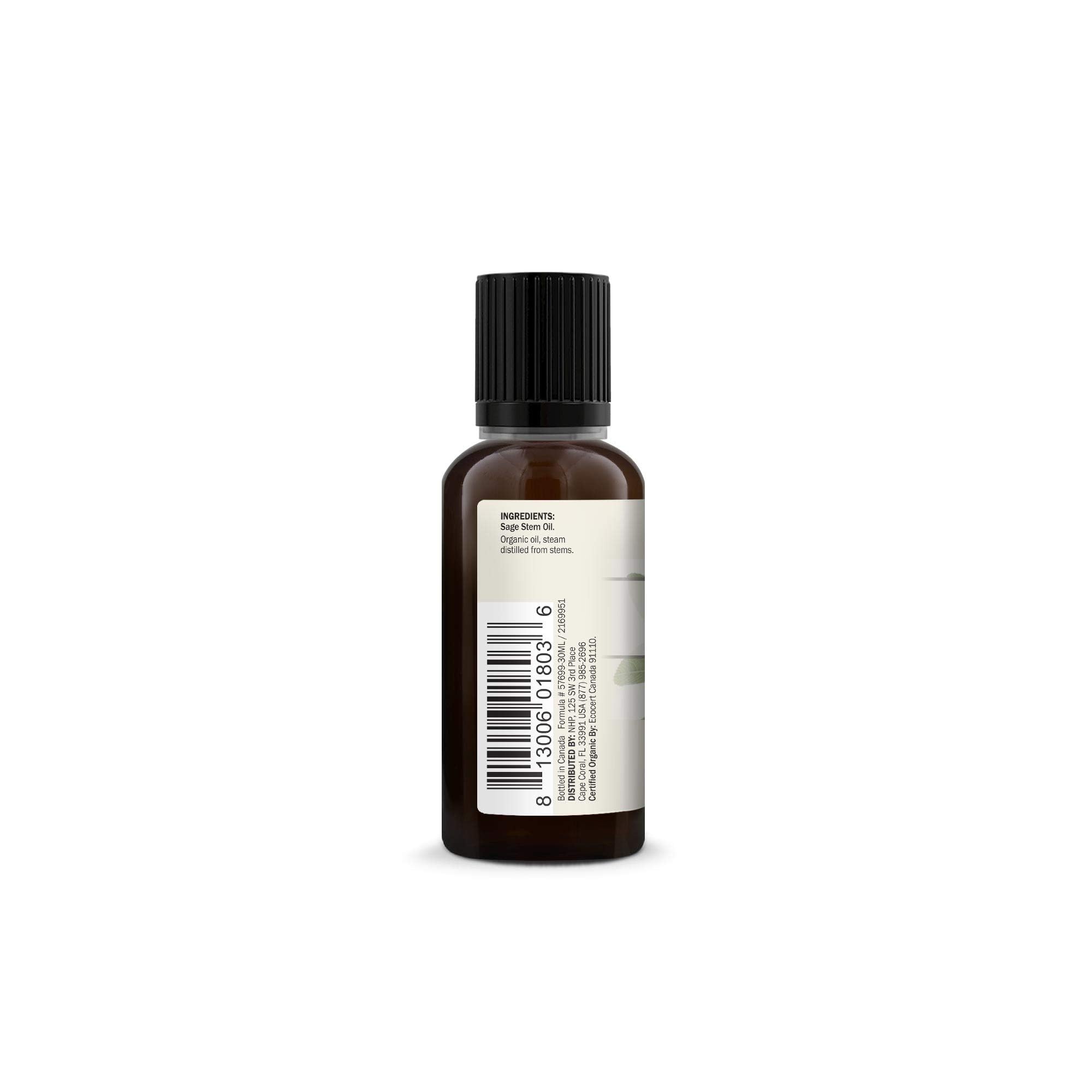 Dr. Mercola Organic Sage Essential Oil closeup-bottle label highlights purity and USDA Organic standard.