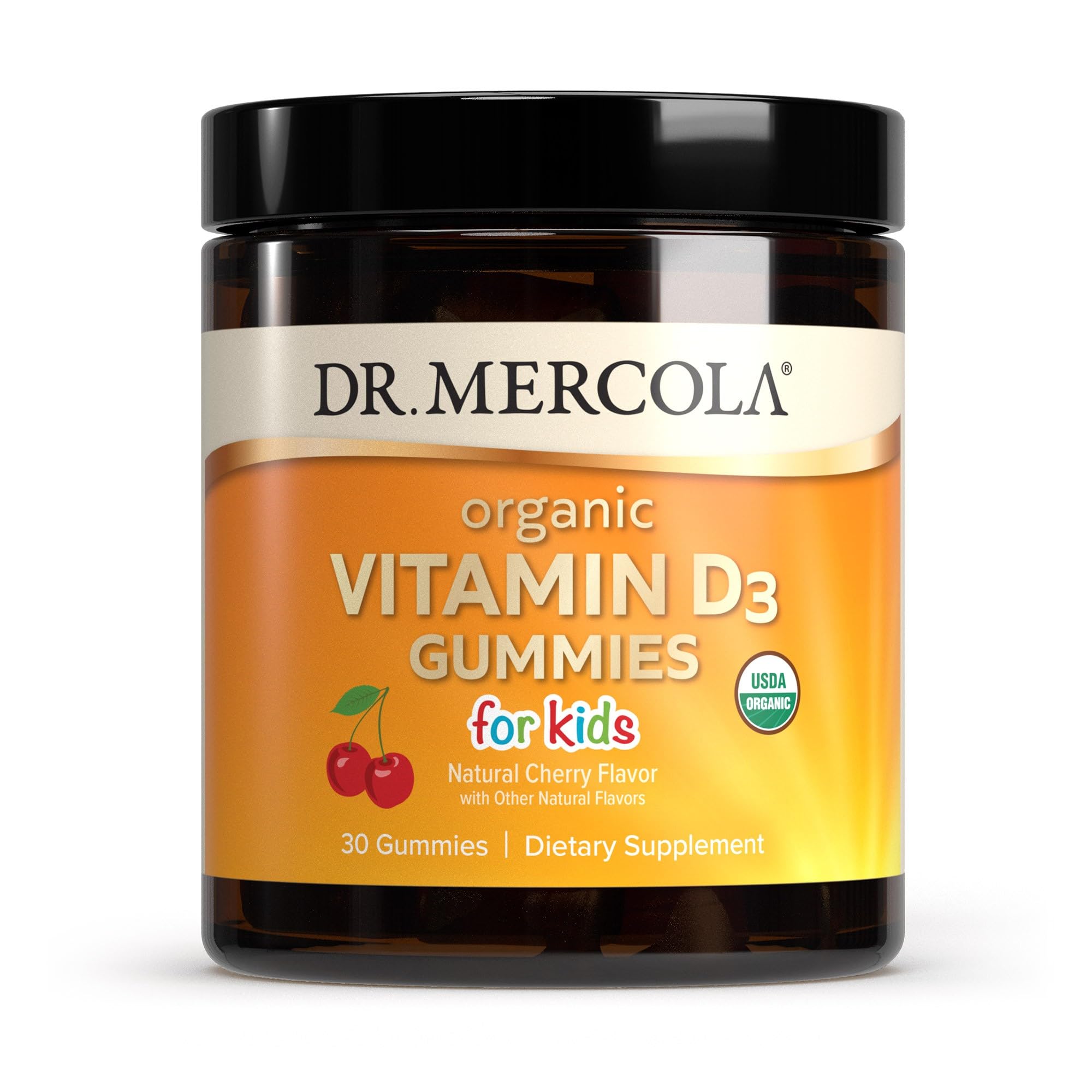 Front view of Dr. Mercola Organic Vitamin D3 Gummies for Kids bottle
