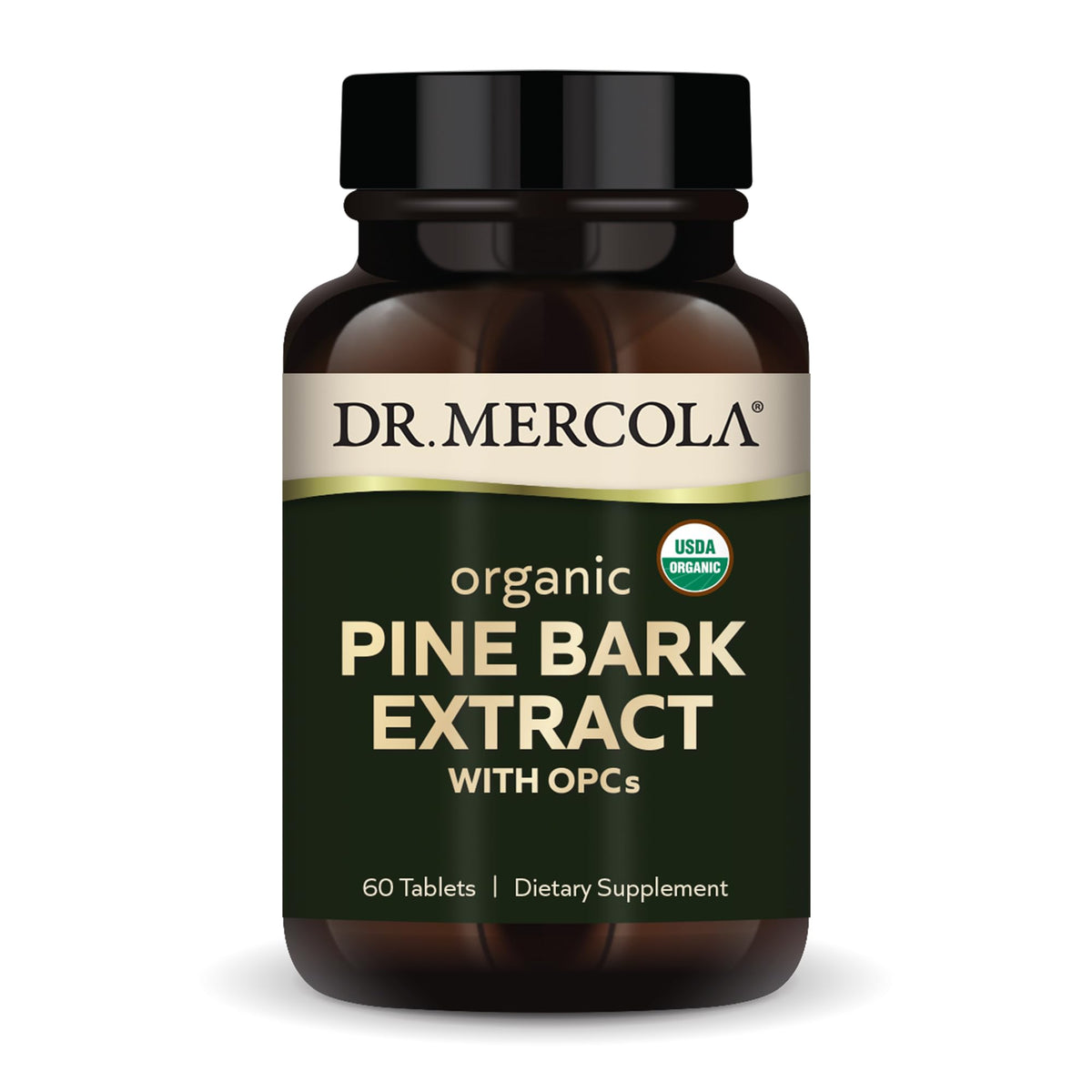 Dr. Mercola Organic Pine Bark Extract bottle displaying 60 tablets front view
