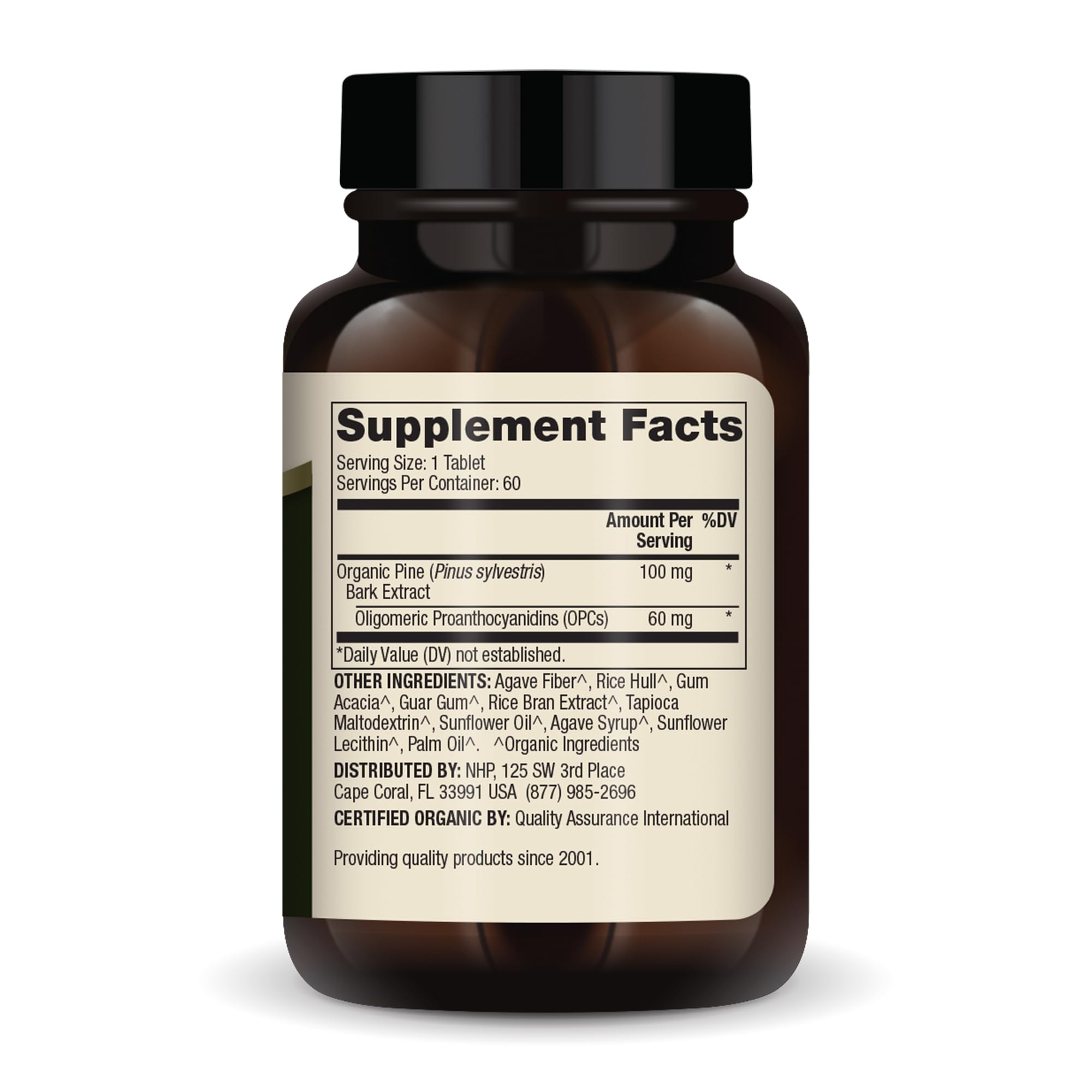 Ingredients label showing Pine Bark Extract and OPCs