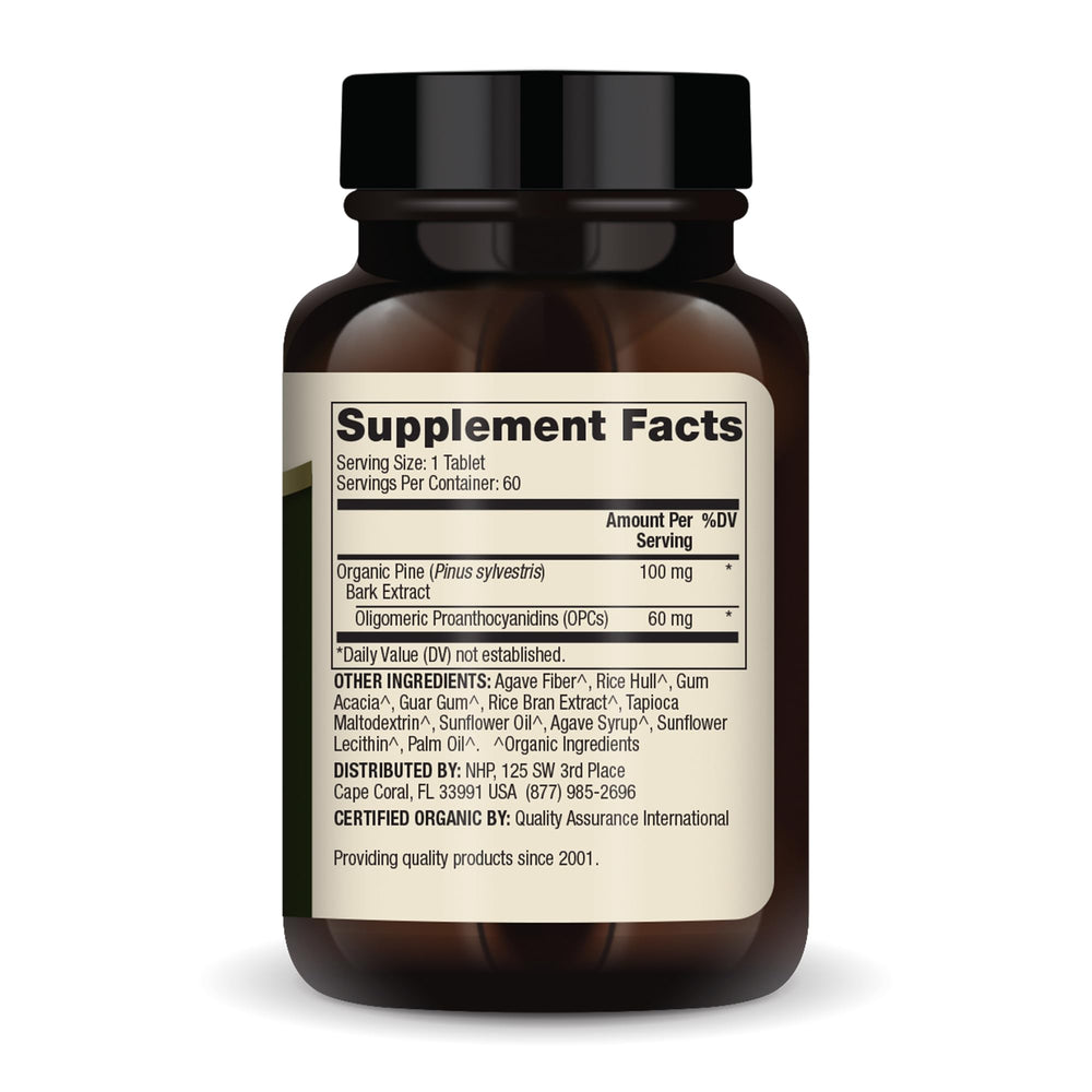 Ingredients label showing Pine Bark Extract and OPCs