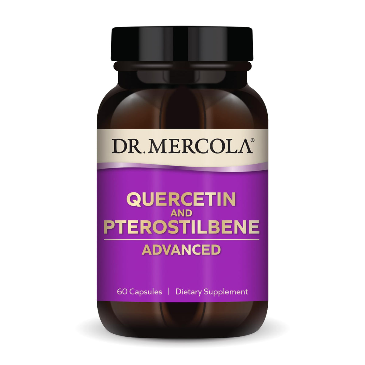 Front view of Dr. Mercola Quercetin & Pterostilbene Advanced bottle