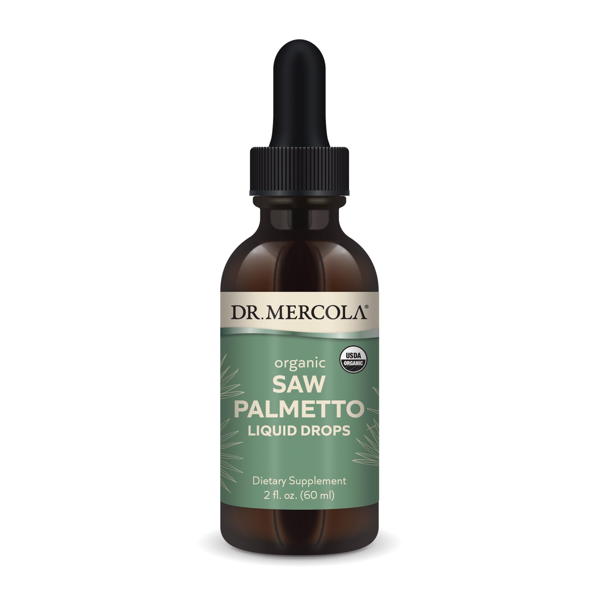 Dr. Mercola Saw Palmetto Liquid Drops bottle on white background