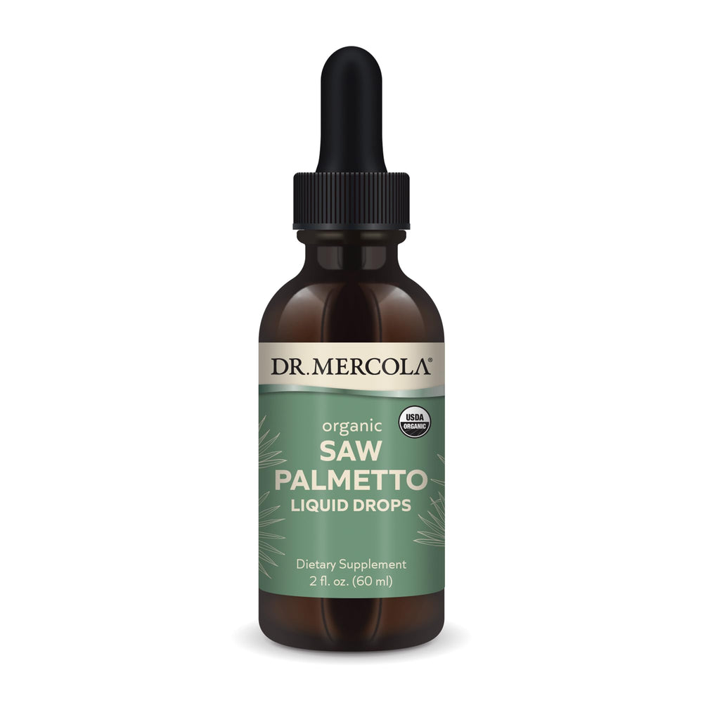 Dr. Mercola Saw Palmetto Liquid Drops bottle on white background