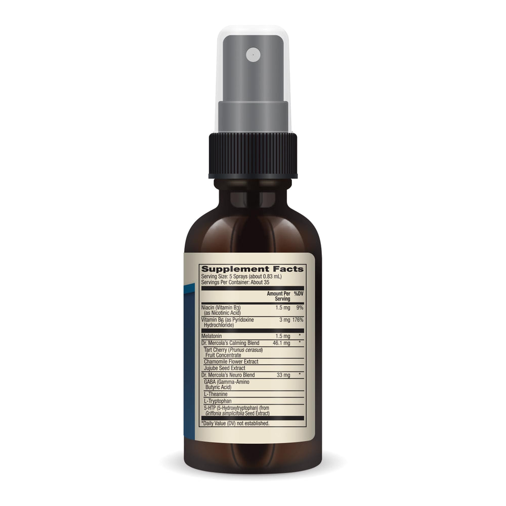Close-up of bottle label for Dr. Mercola Sleep Support Melatonin Spray Raspberry