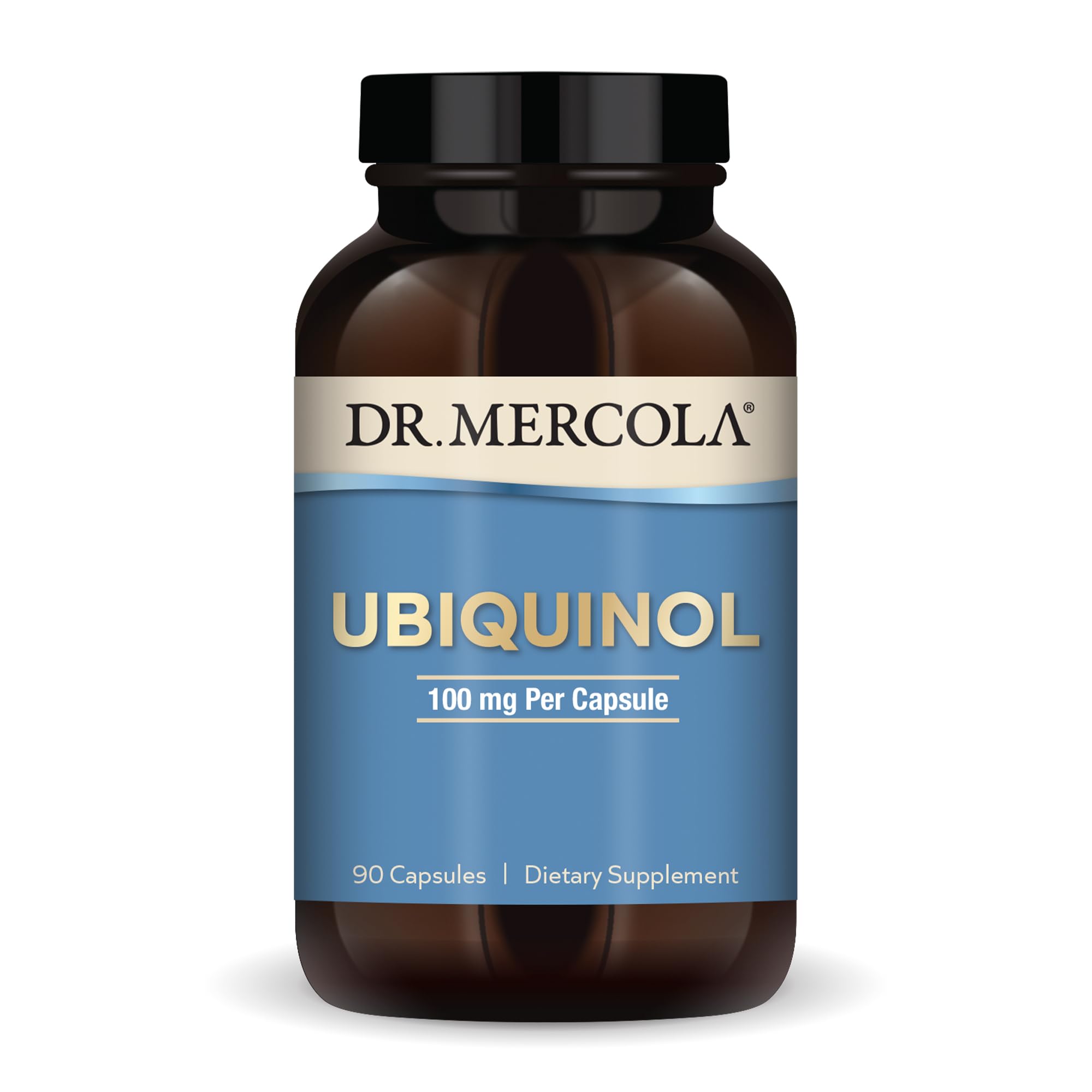 Dr. Mercola Ubiquinol bottle label close-up showing 100 mg potency for energy support