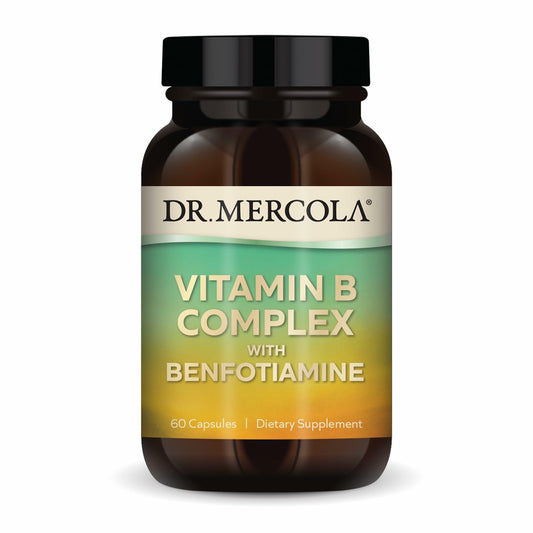Bottle of Dr. Mercola Vitamin B Complex with Benfotiamine and label