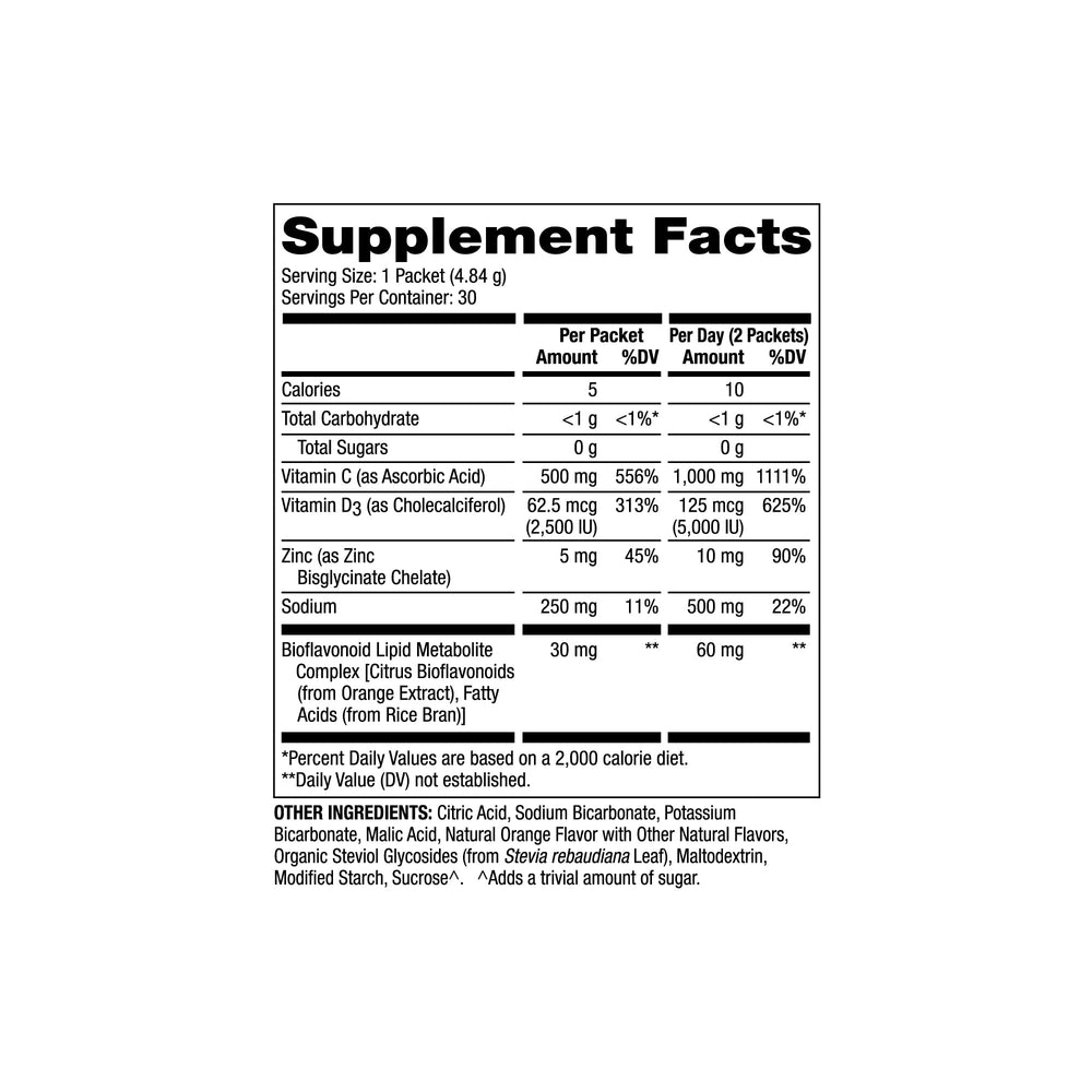 On-the-go, shelf-stable, non-GMO Vitamin C-PAK orange flavor packets