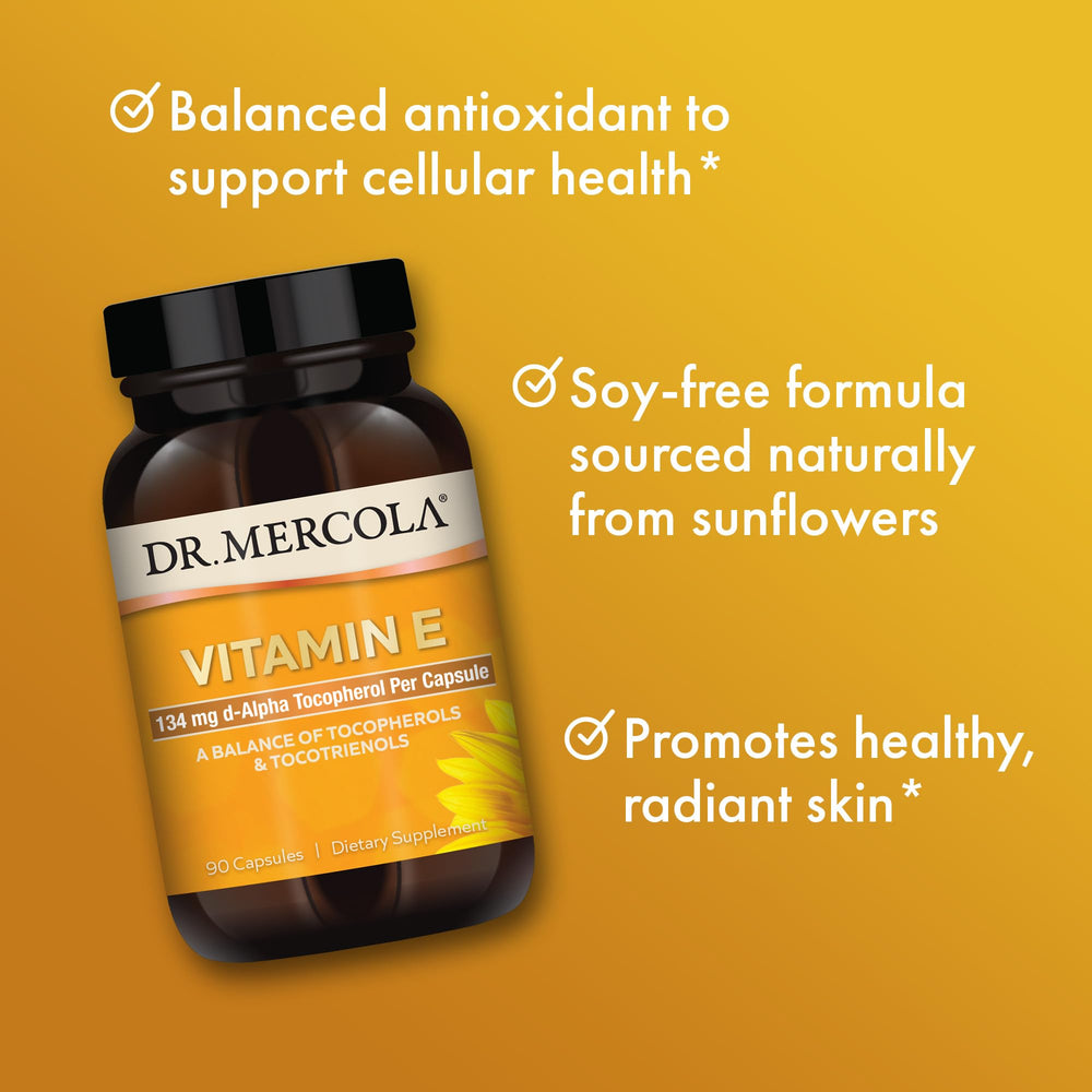 Dr. Mercola Vitamin E blend showing tocopherols and tocotrienols for antioxidant support.