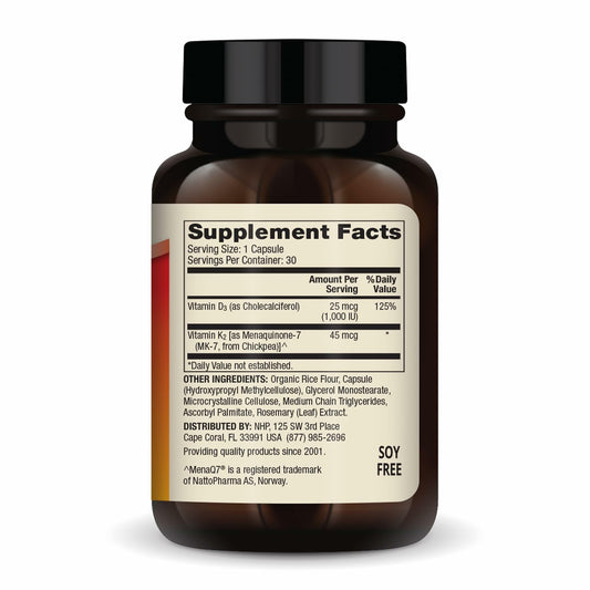 Close-up of D3 & K2 Low Dose label showing 1000 IU D3 and 45 mcg K2