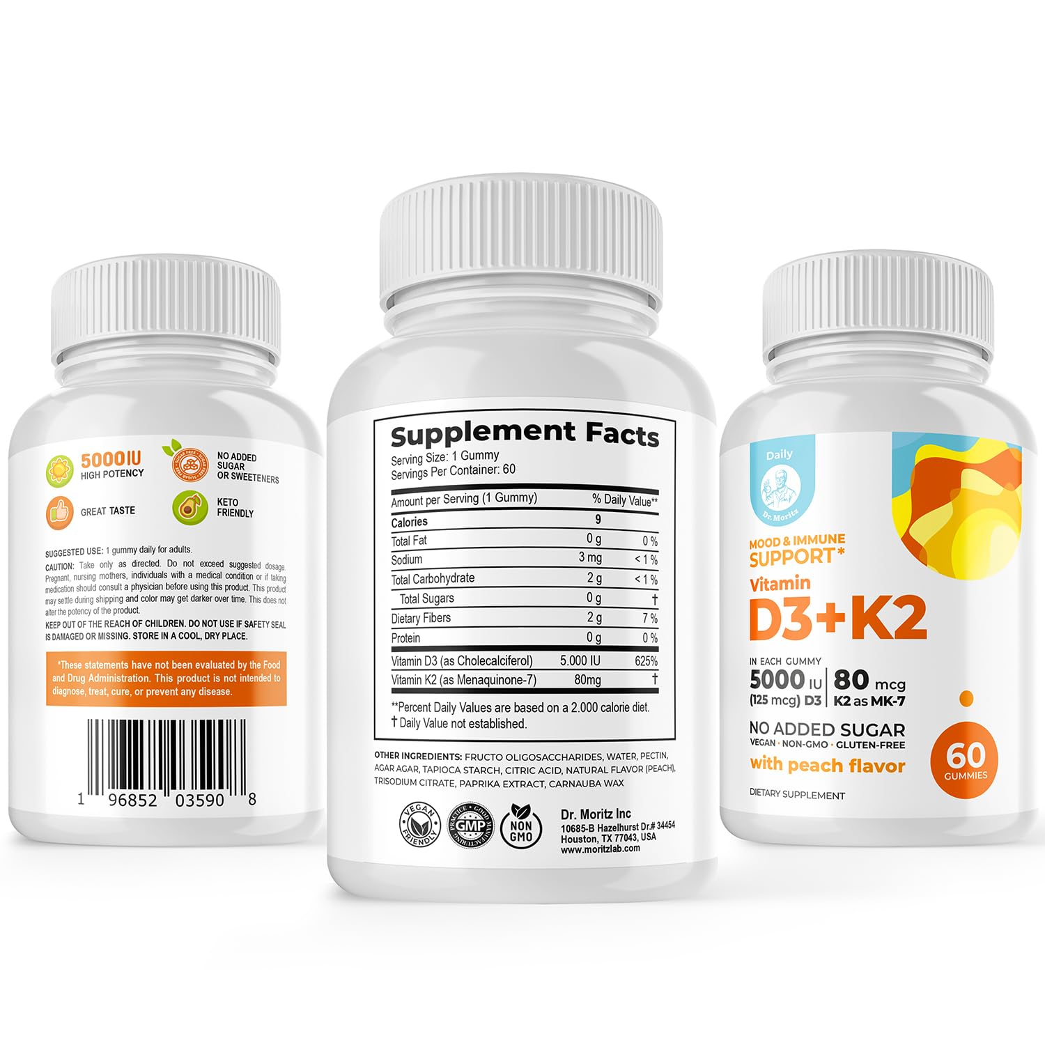Peach-flavored Vitamin D3 K2 gummies bottle