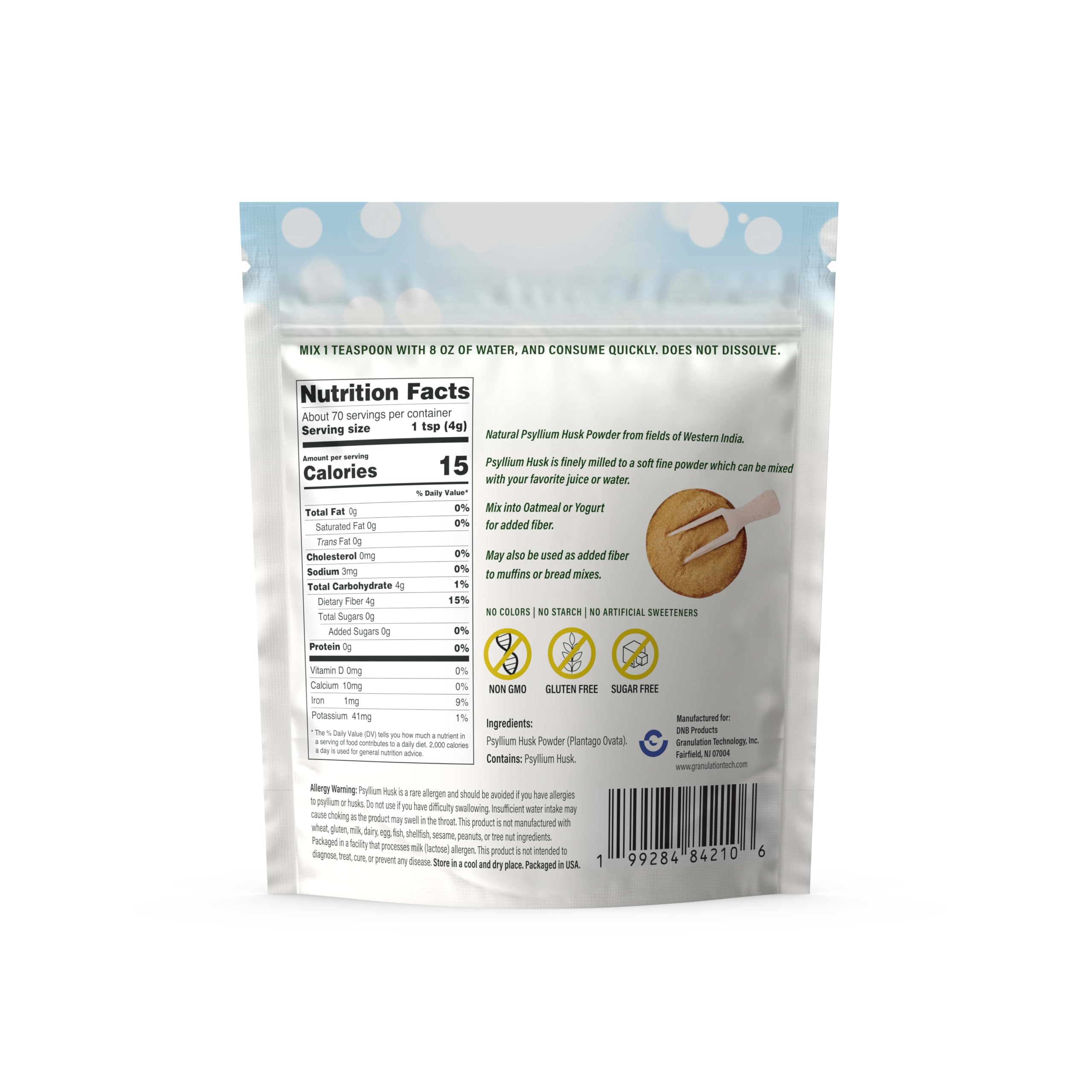 Packaging for Dr. Nigalaye's Psyllium Husk Powder showing Non-GMO, Gluten Free, Vegan and Sugar Free features