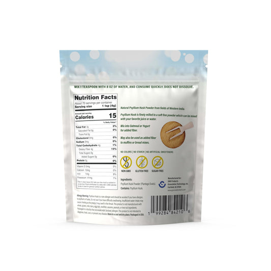 Packaging for Dr. Nigalaye's Psyllium Husk Powder showing Non-GMO, Gluten Free, Vegan and Sugar Free features