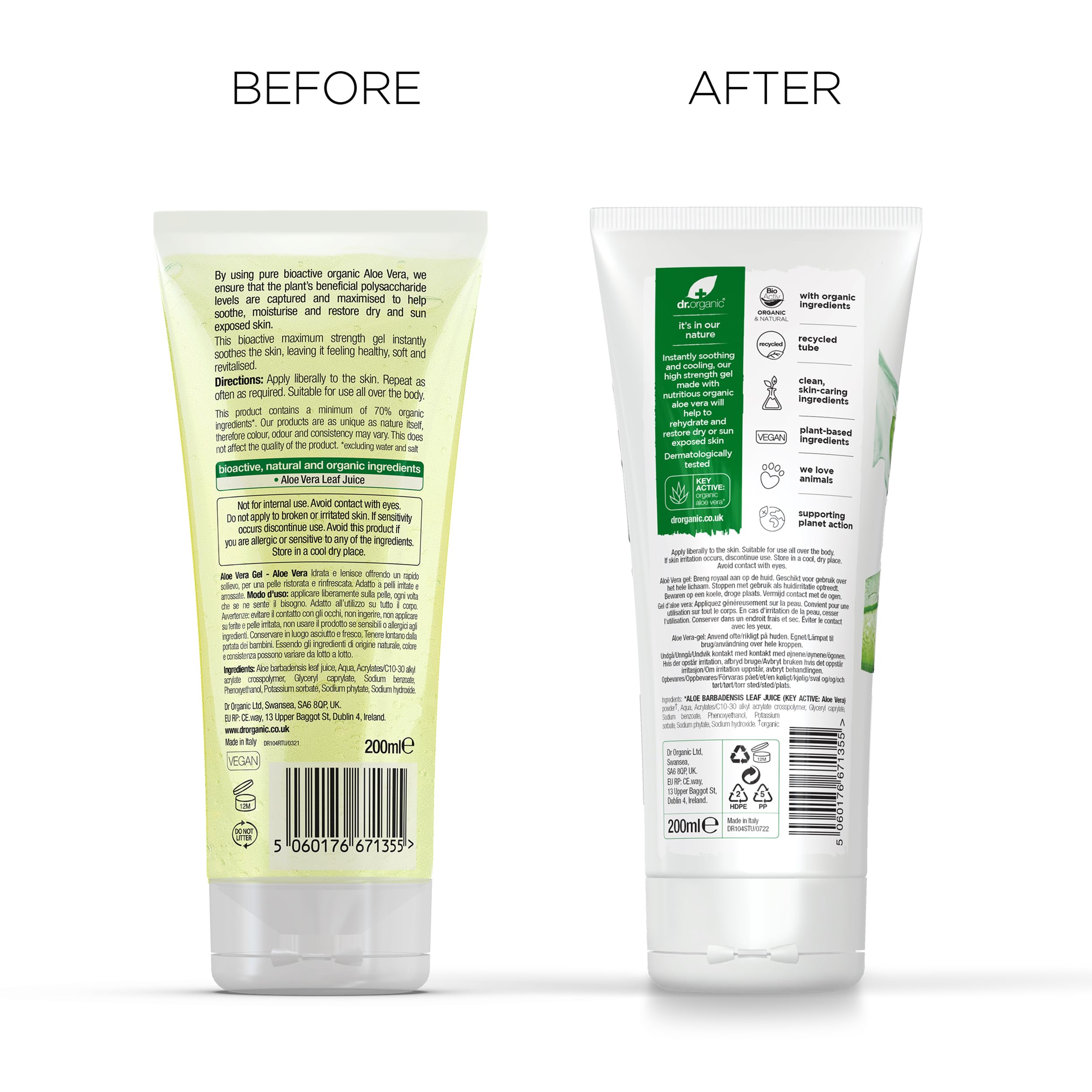 Eco-friendly packaging with vegan and cruelty-free logos for Dr Organic Aloe Vera Gel 200ml