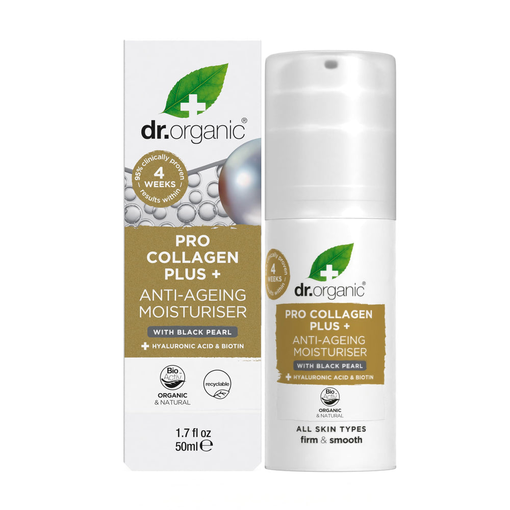 Dr Organic Pro Collagen Plus Black Pearl moisturiser bottle on white background
