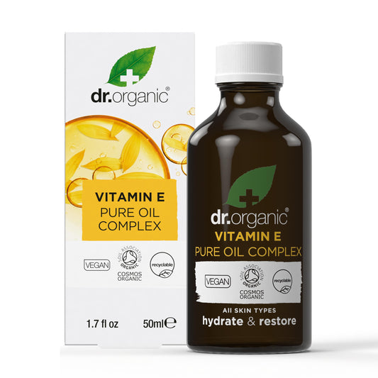 Bottle and 50 ml jar of Dr Organic Vitamin E Pure Oil Complex
