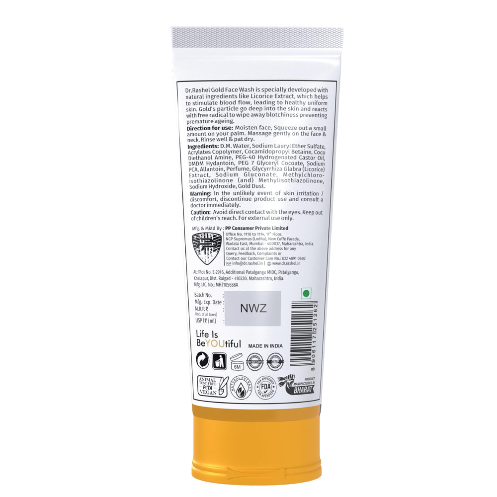 Flat lay of DR.RASHEL Gold Face Wash packaging on a clean surface