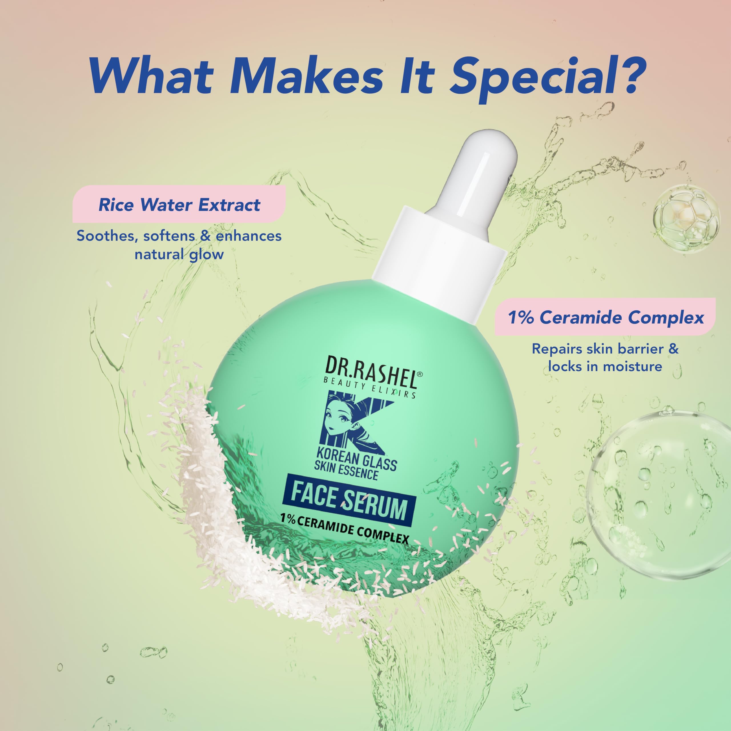 DR.RASHEL serum texture shown as lightweight, non-sticky.