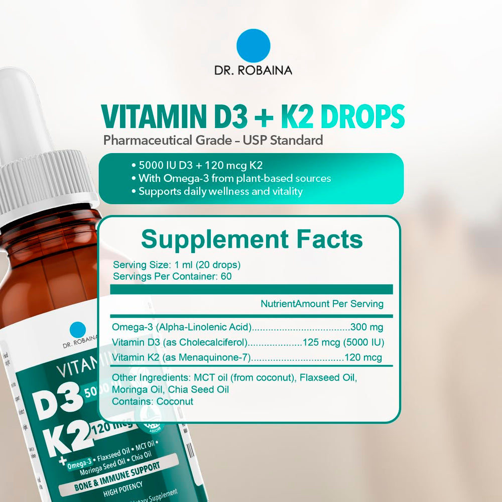 Product packaging and branding of Dr. Robaina D3 + K2 Drops