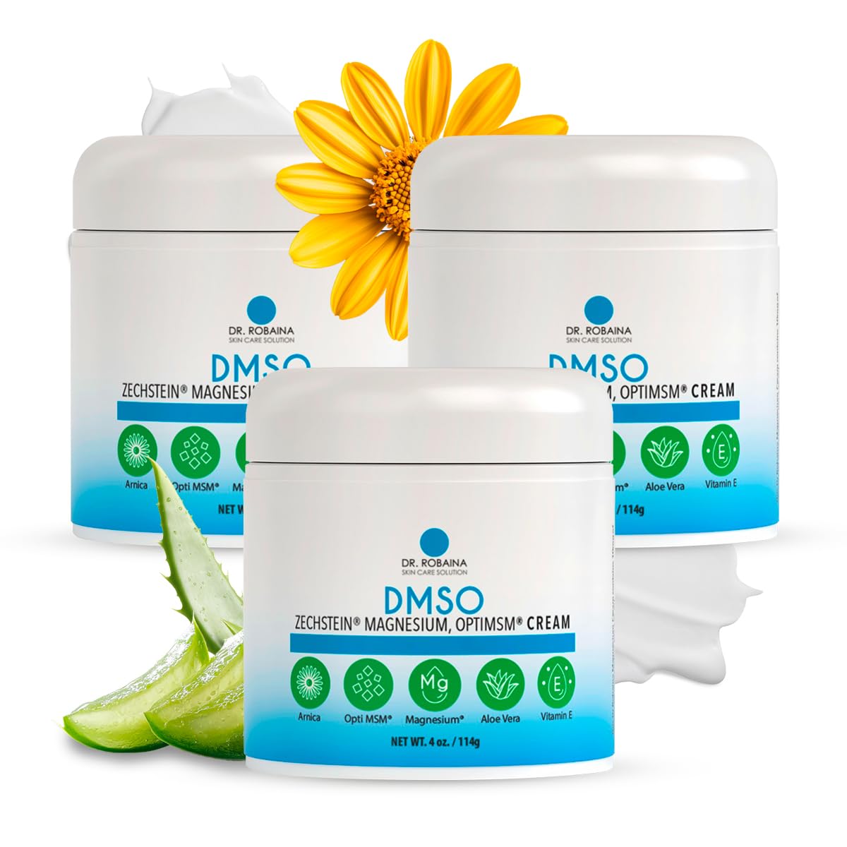 Dr. Robaina DMSO Cream bottle featuring 99.9% pure DMSO with Zechstein Magnesium, Arnica, Aloe Vera and Vitamin E.