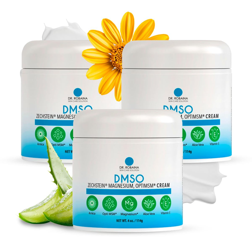 Dr. Robaina DMSO Cream bottle featuring 99.9% pure DMSO with Zechstein Magnesium, Arnica, Aloe Vera and Vitamin E.