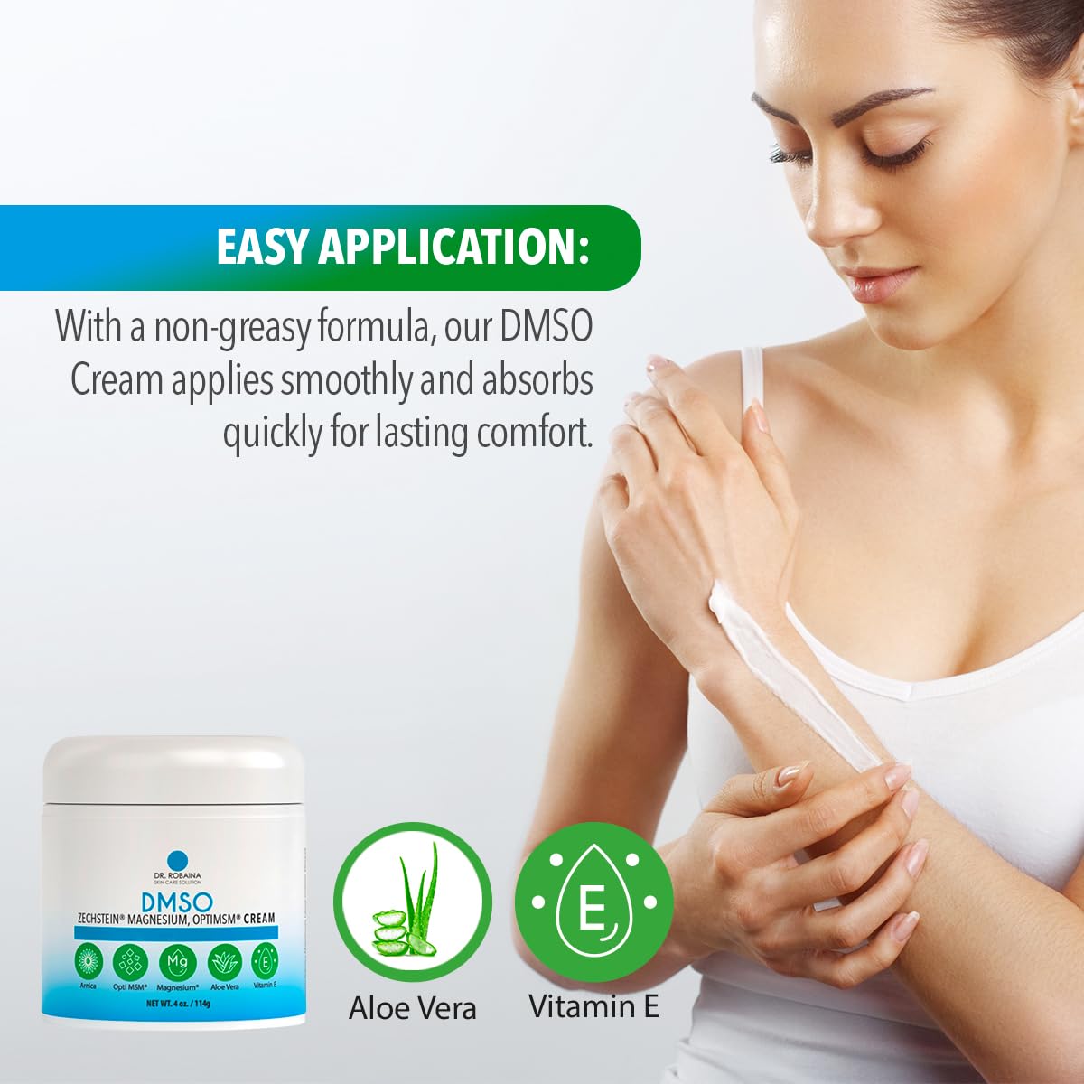 Dr. Robaina DMSO Cream applied on the arm for daily relief.