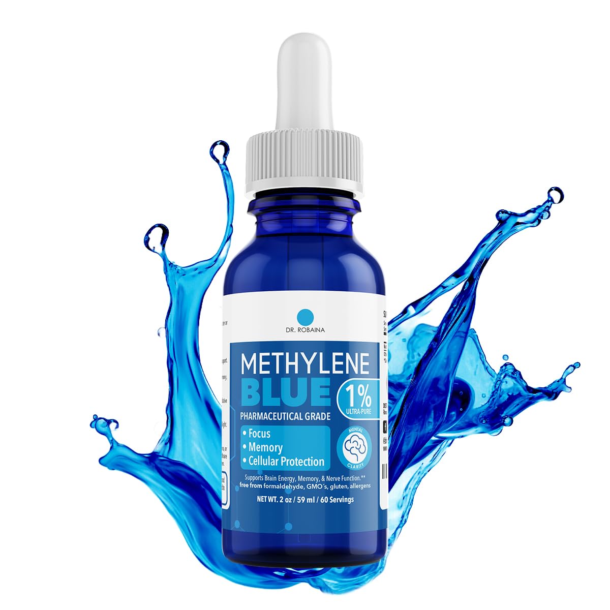 Dr Robaina methylene blue 1 percent USP grade liquid supplement bottle