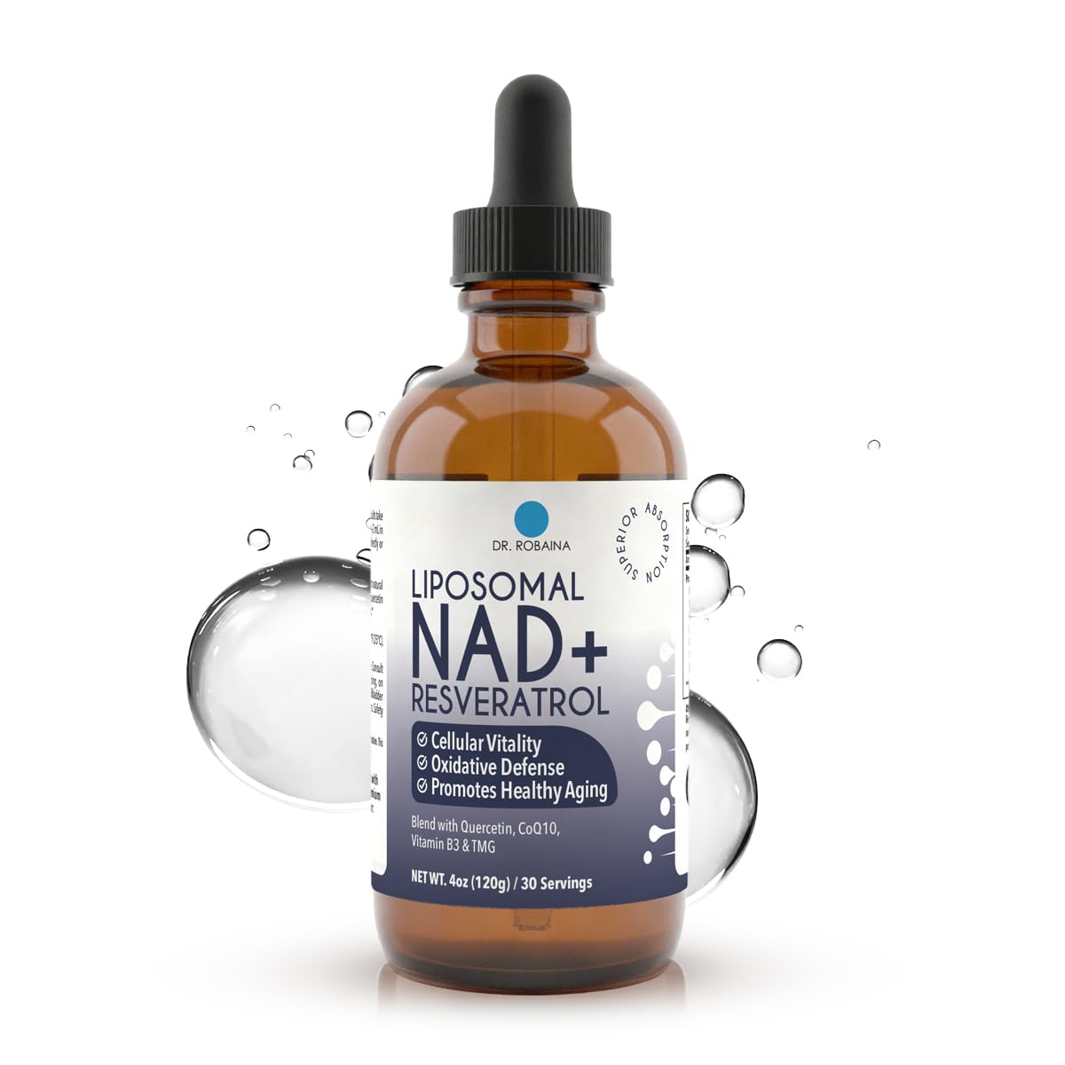 Dr. Robaina NAD⁺ Liposomal Liquid Drops bottle with amber glass dropper (Berry flavor)