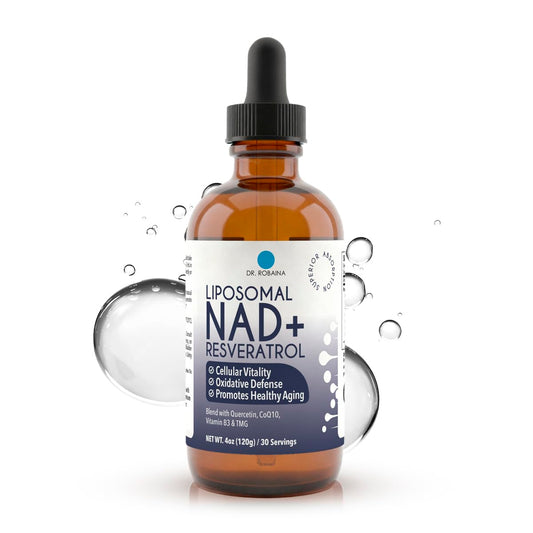 Dr. Robaina NAD⁺ Liposomal Liquid Drops bottle with amber glass dropper (Berry flavor)