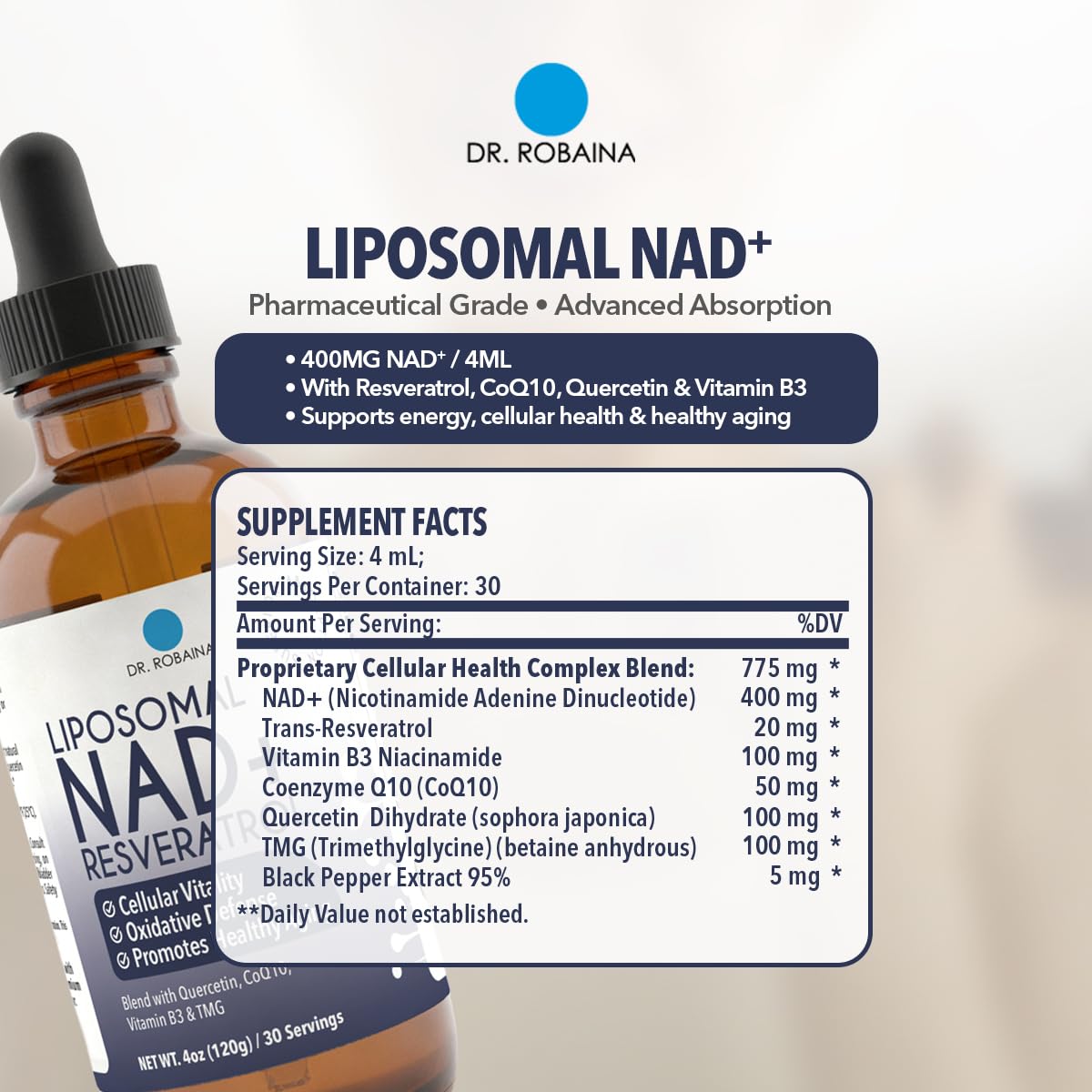 Close-up of amber glass bottle and dropper for NAD⁺ liquid drops
