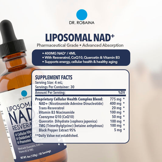 Close-up of amber glass bottle and dropper for NAD⁺ liquid drops